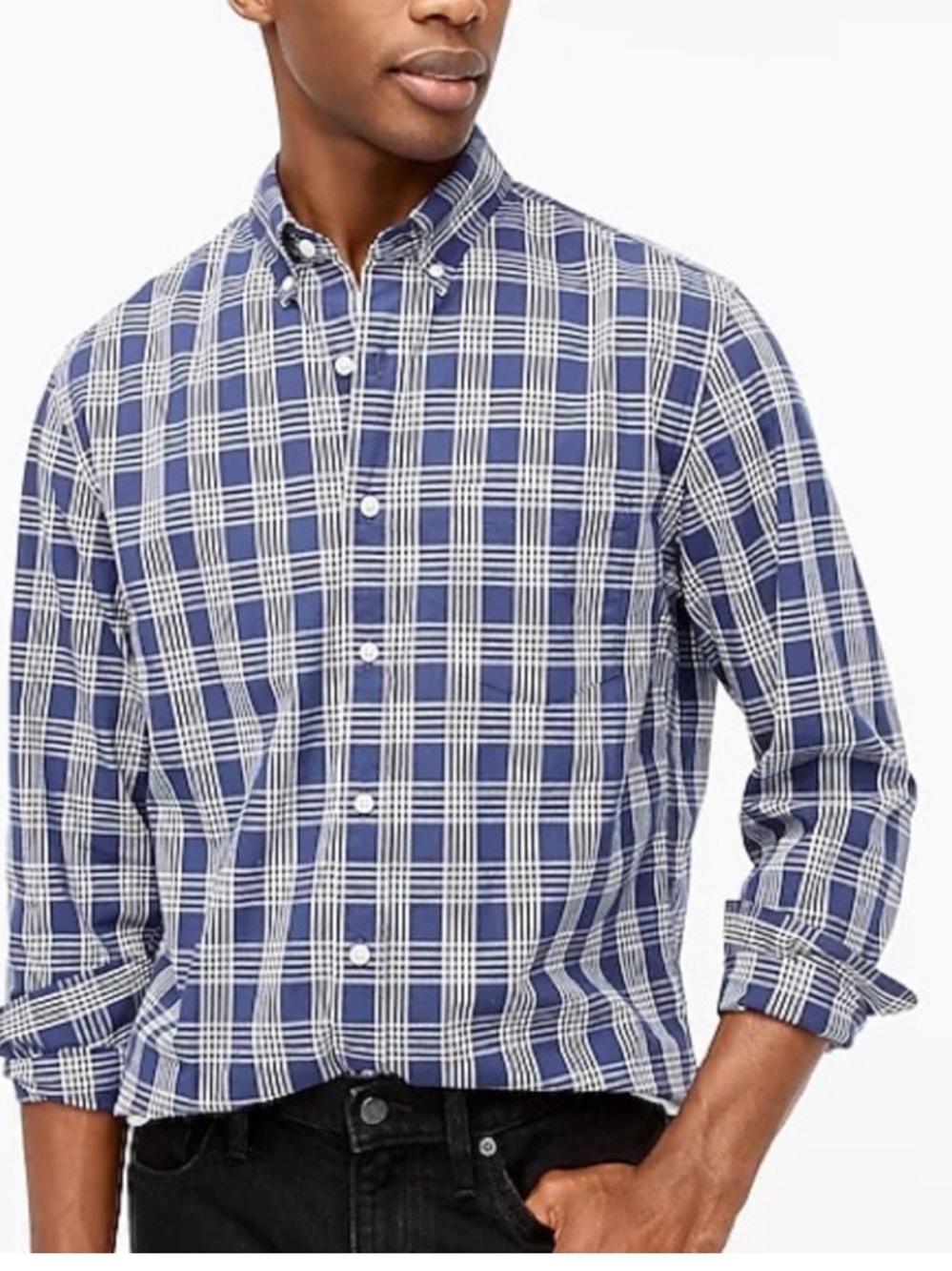 J. Crew Flex Washed Navy and White Tartan Plaid Button-Down Shirt Large Slim